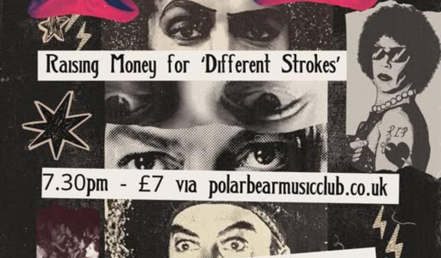 Event poster for "Tim Curry Night" at Polar Bear Music Club on Saturday, 10th October 2026, raising money for 'Different Strokes.' Features collage-st