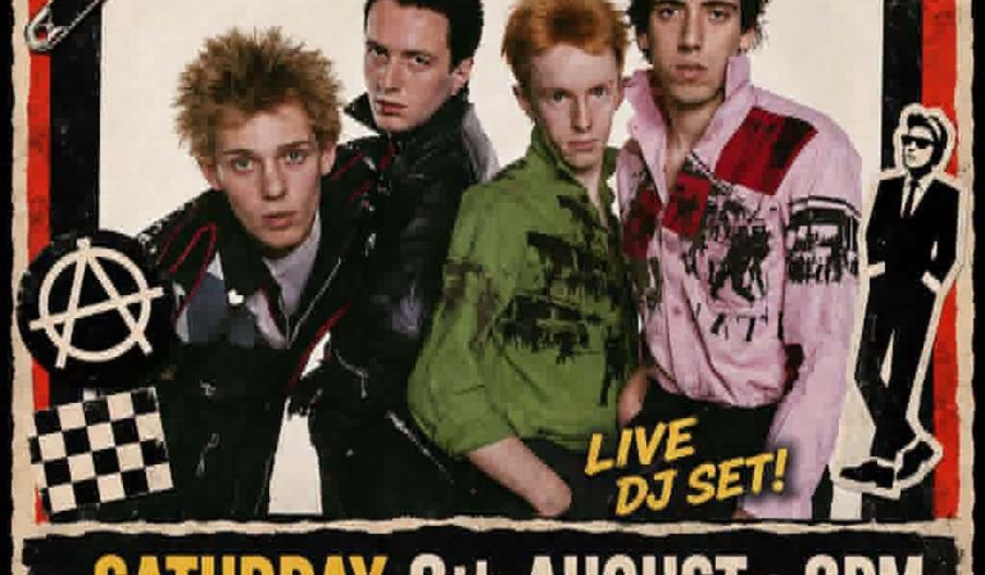 Concert poster styled with punk and post-punk graphics featuring four young men with punk attire and hair, announcing "Totally Wired" with a live DJ s