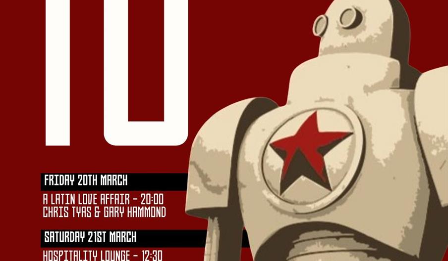 A poster for The People's Republic (TPR) 10th anniversary features a large cream-colored robot with a red star on its chest against a deep red backgro