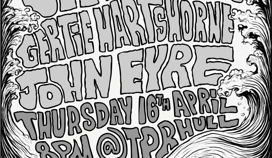 Black and white illustrated concert poster featuring large, stylized wave artwork framing psychedelic text with performer names: Jim Danby, Gertie Har