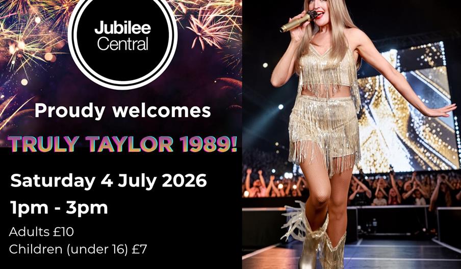 An event poster for Jubilee Central with fireworks in the background, announcing "Truly Taylor 1989!" on Saturday 4 July 2026 from 1pm to 3pm, with ti