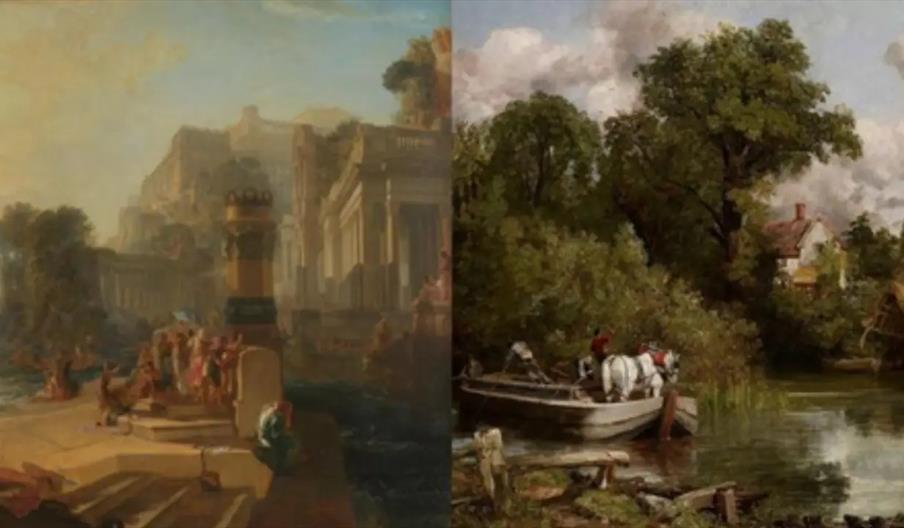 The image is split into two halves: the left side shows a classical scene with ancient architecture, columns, and people gathered near water, while th