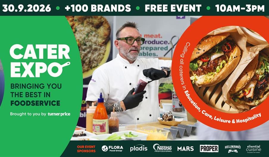 Promotional image for Cater Expo 2026 featuring a chef demonstrating food preparation, a close-up of gourmet sandwiches, event details including date,