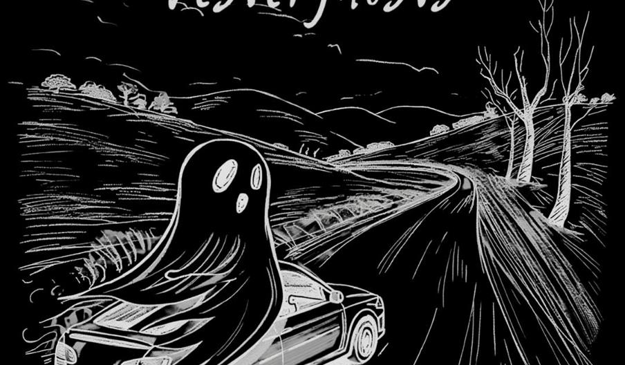 A black and white illustrated poster shows a car driving down a winding rural road at night, with a ghostly figure emerging from the car. The text ann