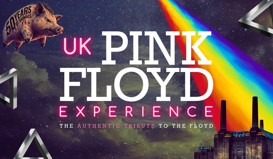 Promotional poster for the "UK Pink Floyd Experience" tribute show, featuring large text over a night sky with a rainbow prism beam, a flying pig labe