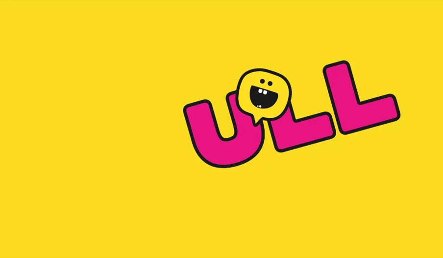 Bold pink letters spelling "ULL" are tilted on a bright yellow background, with a smiling cartoon speech bubble incorporated into the letter "U."