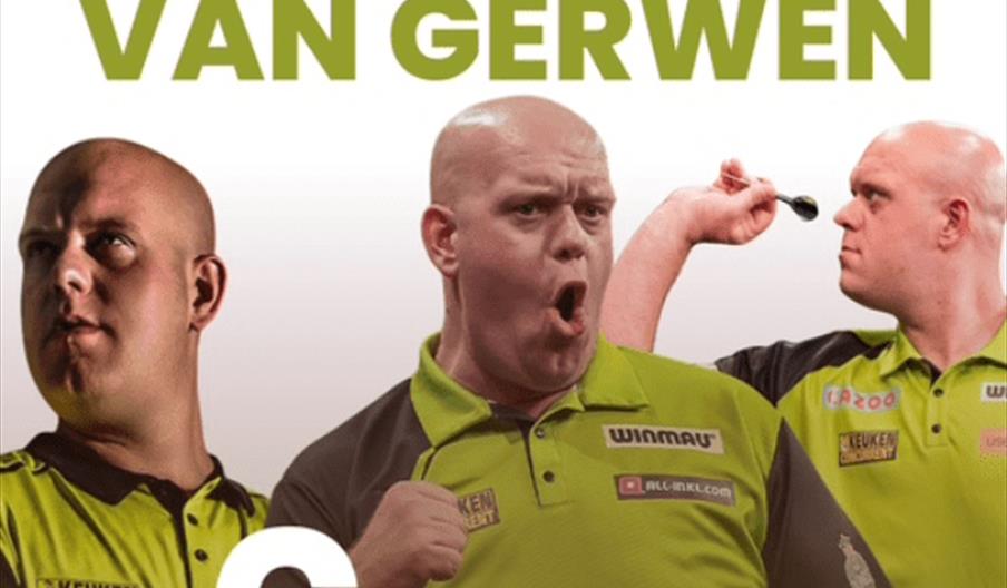 Event poster for "An Evening with Michael Van Gerwen" featuring three images of the darts player in action, with event details below: May 6, 2026, fro
