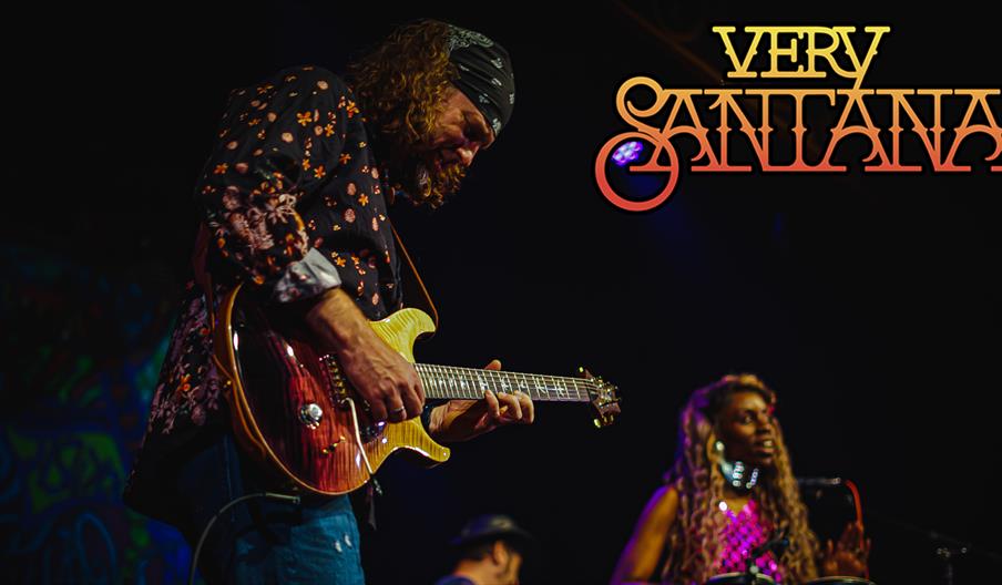 A musician wearing a patterned shirt and bandana plays an electric guitar on stage, while a woman with long blond hair sings at a microphone. The text