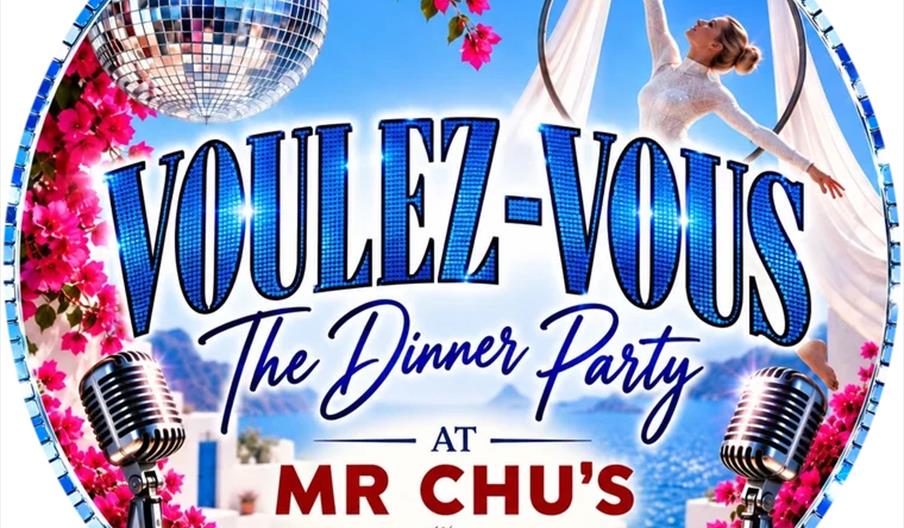 Circular event poster featuring the text "Voulez-Vous The Dinner Party at Mr Chu's" with a red dragon symbol, surrounded by microphones, pink flowers,