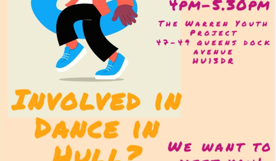 Dance event flyer with a cartoon person dancing, large yellow text reading "Involved in Dance in Hull?" and event details: May 27th, 4pm–5:30pm at The