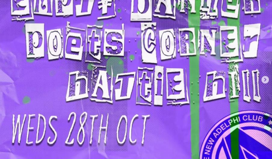 Event poster with a purple and green abstract background announcing "Warren Records Presents: Empty Banner, Poets Corner, Hattie Hill" on Wednesday, O