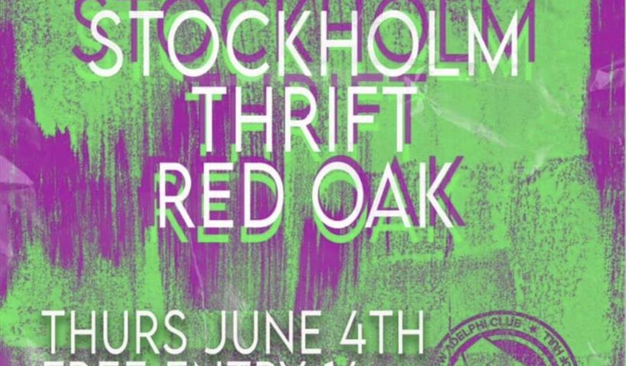 Concert poster with a green and purple grunge background, featuring "Warren Records Presents" at the top and the band names Stockholm, Thrift, and Red
