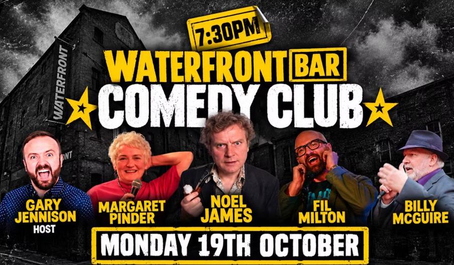 Promotional poster for the Waterfront Bar Comedy Club with photos of comedians Gary Jennison (host), Margaret Pinder, Noel James, Fil Milton, and Bill