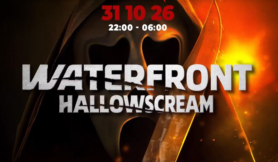 A Halloween event poster features a masked figure in a dark hood holding a large knife, with fiery orange and yellow background. Bold text reads "WATE
