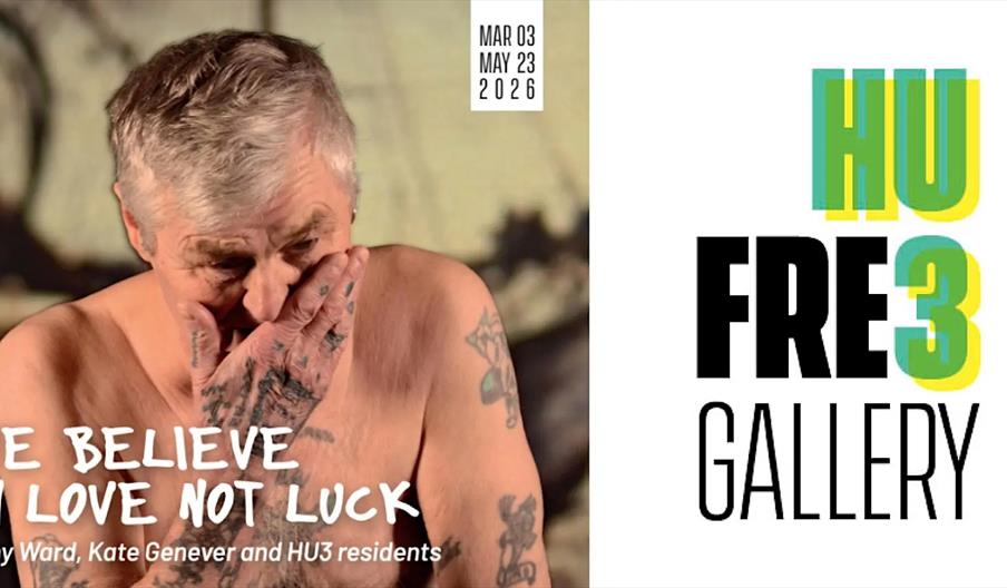 Split image promoting an art exhibition: on the left, a tattooed older person covers their mouth with their hand, overlaid with the text "WE BELIEVE I