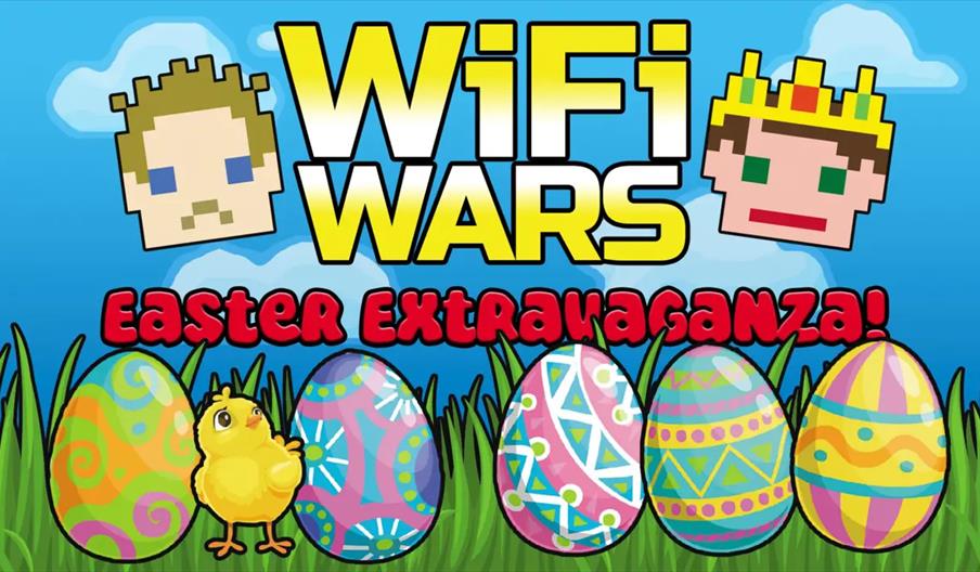Colourful promotional graphic for "WiFi Wars Easter Extravaganza" featuring large blocky text, pixel art faces of two characters at the top, and four