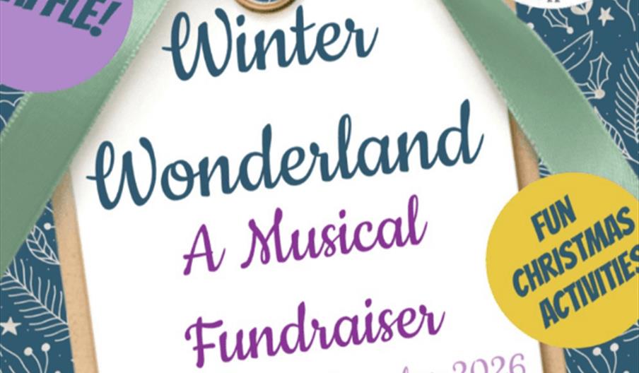 Event poster for "Winter Wonderland: A Musical Fundraiser" presented by Hidden Disabilities Charity, featuring a large gift tag with event details and