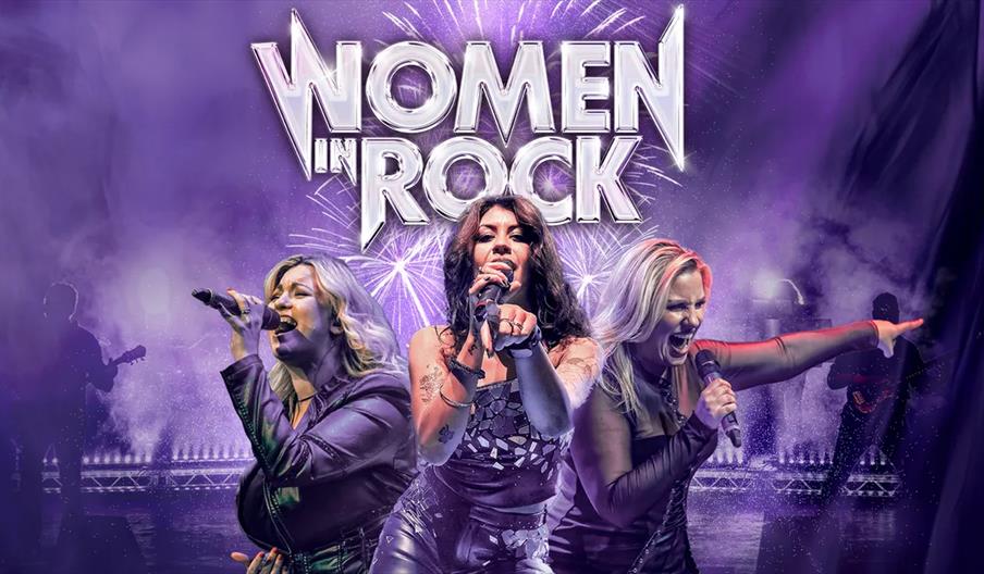 Three women passionately singing on stage, each holding a microphone, with dramatic purple lighting, stage effects, and the bold text "Women in Rock"