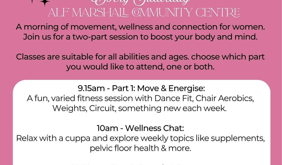 Promotional flyer for a Women's Wellness Class held every Saturday at Alf Marshall Community Centre, featuring a sunrise yoga pose image at the top. T