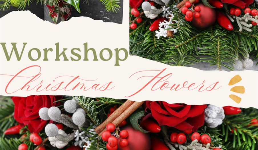 A festive poster for a Christmas flower workshop at Hull Minster on December 19 from 10am-12pm, featuring images of holiday floral arrangements with r