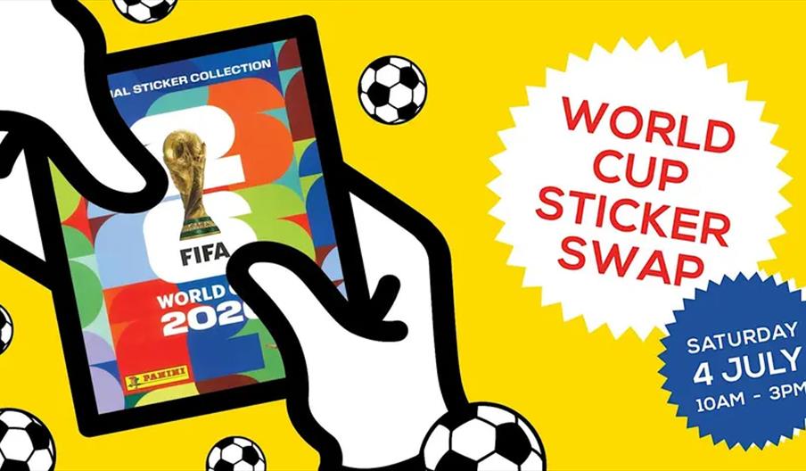 Illustration of two hands holding a FIFA World Cup sticker album, surrounded by soccer balls, with a bright yellow background. On the right, text in s