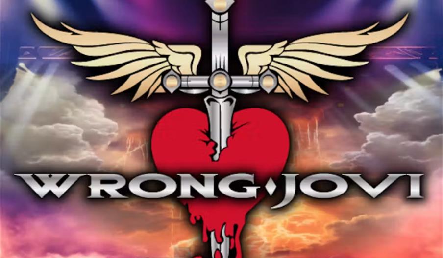 Logo featuring a winged sword piercing a red, bleeding heart above the bold text "WRONG JOVI," set against a colorful concert stage background with sp