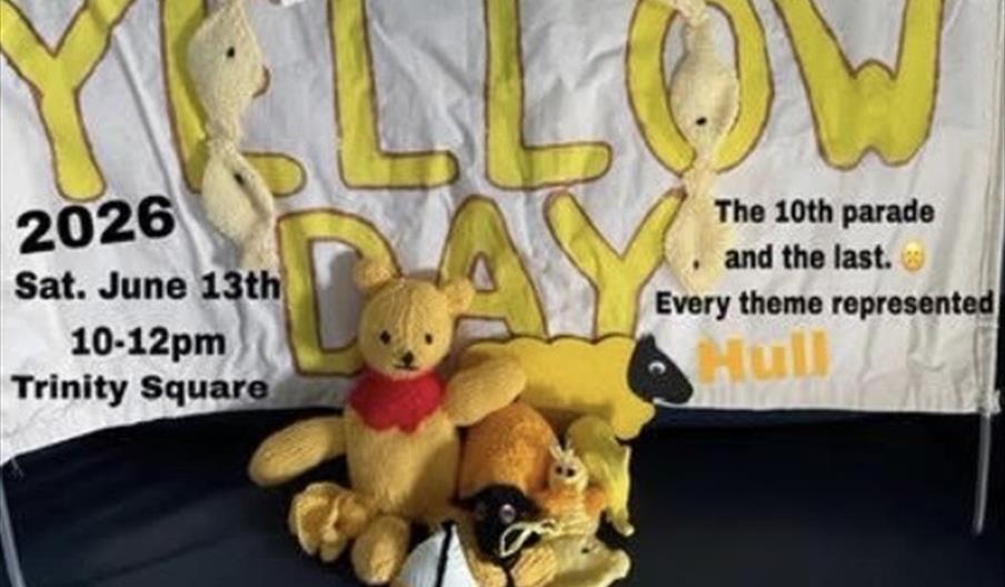 A banner reading "YELLOW DAY" in large yellow letters is displayed with event details for 2026, Sat. June 13th, 10-12pm at Trinity Square; yellow and