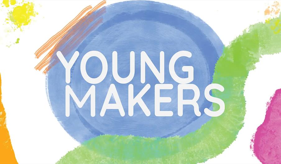 The words "Young Makers" appear in bold white letters over a blue painted circle, surrounded by colourful paint splashes and brushstrokes in yellow, o