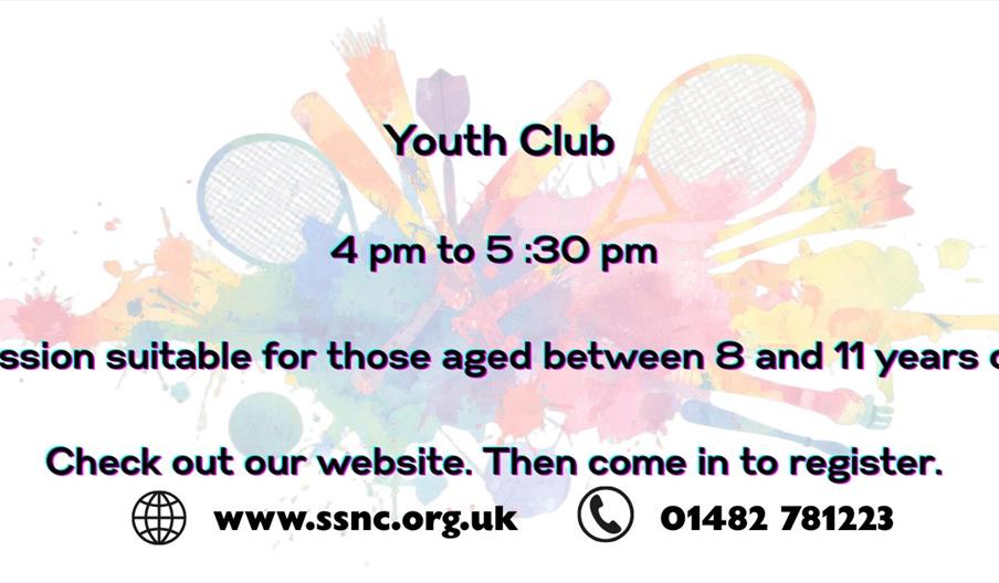 Youth Club flyer with colorful sports equipment graphics in the background, stating the session is from 4 pm to 5:30 pm for ages 8 to 11. Contact deta
