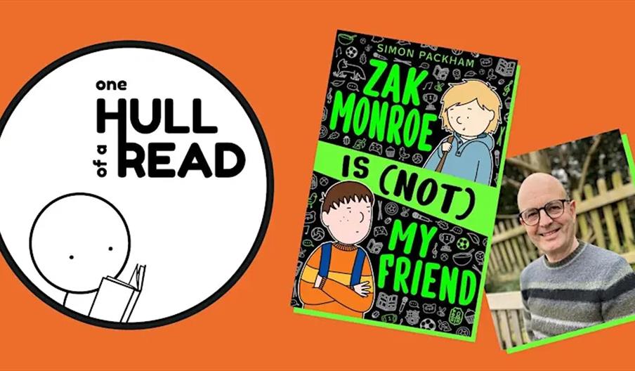Promotional image for "One Hull of a Read" at Burton Constable Hall featuring a circular logo with a cartoon person reading, the cover of the book "Za