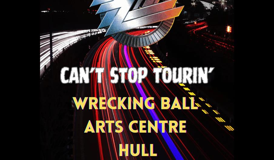 Poster for a ZZ Top tribute band's "Can't Stop Tourin'" event, featuring the band's stylized logo over a background of highway lights at night, with e
