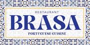 Brasa Portuguese Cuisine logo featuring elegant blue lettering on a patterned Portuguese tile background, representing an authentic Portuguese restaur
