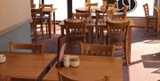 Interior of Robbie Johnsons cafe with square wooden tables and matching chairs. Sunlight streams through a large glass window and door revealing a str