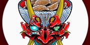 A stylized logo featuring a blue and red wave-patterned bowl filled with dumplings, merged with a red and yellow Japanese oni mask below it; the text