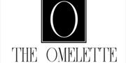 A black square with a large white letter "O" inside is above the words "THE OMELETTE" in thin, uppercase serif font. The overall design is minimalist