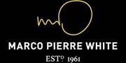 A black square logo featuring a simple gold line drawing resembling a signature at the top, with the text "MARCO PIERRE WHITE" in bold white letters b