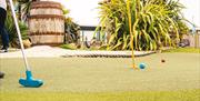 A minigolf hole with a blue and a red golf ball nearby. In the background a barrel and several tropical plants can be seen, along with a blue minigolf