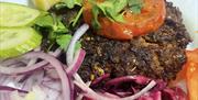 A close-up of a plate featuring a well-cooked kebab patty topped with a sliced tomato and cilantro, served with red onion rings, cucumber slices, shre