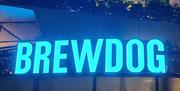 A blue neon light spelling out the word 'BrewDog'