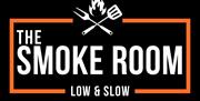 Logo for "The Smoke Room" with the tagline "Low & Slow," featuring a barbecue fork and spatula crossed over a flame, framed by an orange border on a b