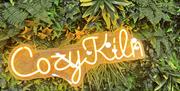 Cozy Kiln neon sign on a lush green wall inside a creative pottery studio in Hull.