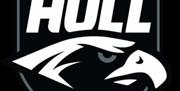 A black and white sports team logo featuring the words "HULL SEAHAWKS" with a stylized hawk head in the center inside a shield outline.